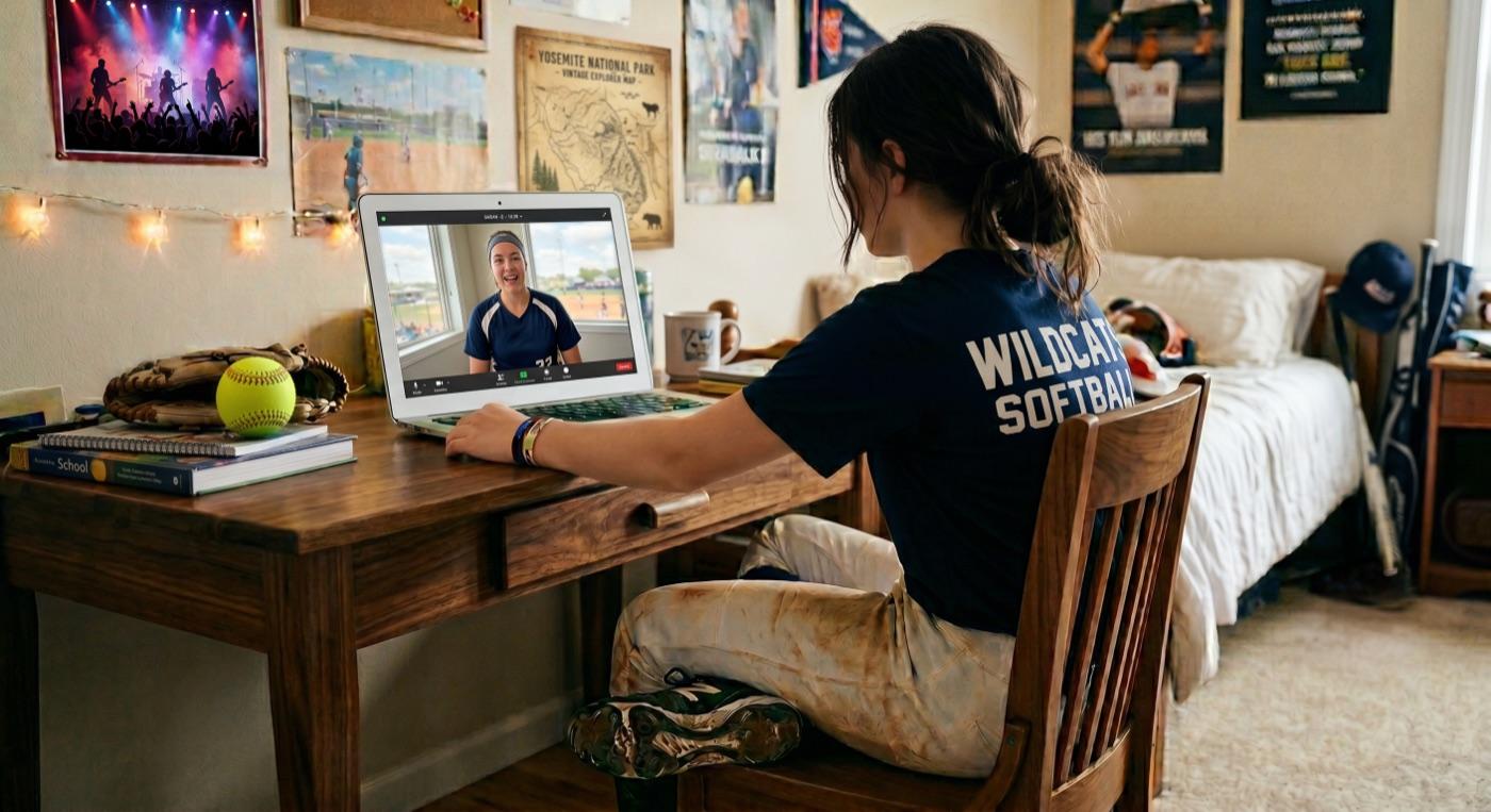 A youth softball player on a video call with her college athlete mentor